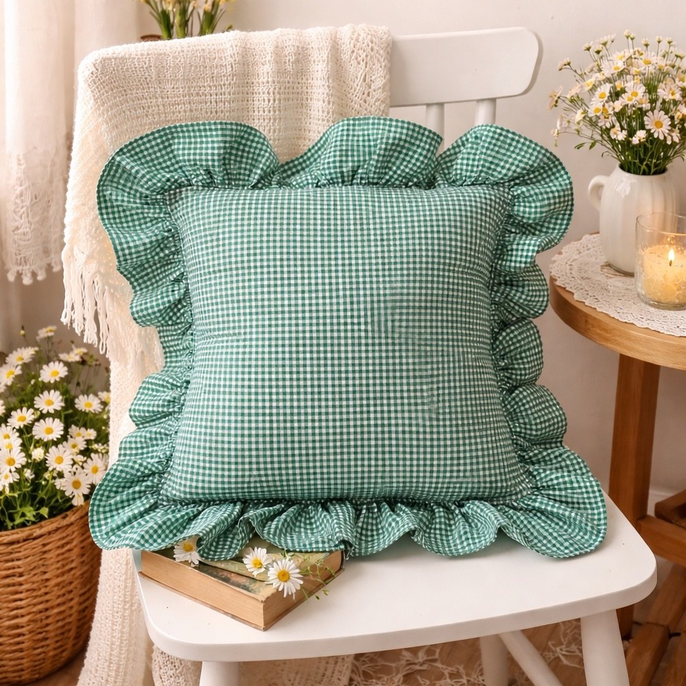 JCPenney Home Collection Pillow Sham Green Gingham‎ Ruffle Checkered Vintage
